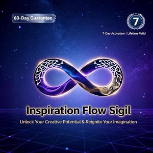 以下が含まれることがあります： 紫と青の色合いの無限大のシンボルが特徴の抽象的な画像で、「Inspiration Flow Sigil」というテキストが表示されています。画像には「Unlock Your Creative Potential & Reignite Your Imagination」というテキストと「60-Day Guarantee」バッジも含まれています。