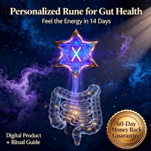 Puede incluir: Gráfico digital que promociona una runa personalizada para la salud intestinal. La imagen presenta un símbolo en forma de estrella brillante con la letra "X" en el interior, sobre una ilustración translúcida de los intestinos. El texto incluye "Personalized Rune for Gut Health" y "Feel the Energy in 14 Days."