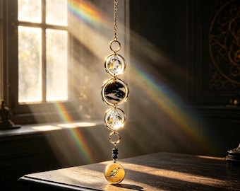 Gothic Crystal Suncatcher Window Prism Hanging – Custom Engravable Charm, Zebra Jasper & Obsidian, Spiral Hoop
