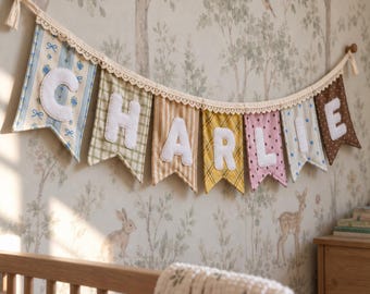 Personalized Fabric Baby Name Banner, Custom Nursery Name Sign, Neutral Floral Bunting Bedroom Decor, Newborn Gift, Baby Shower