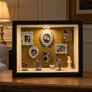 May include: A dark brown shadow box display case featuring a cork backing, an internal light, and five ornate picture frames in silver and gold tones. The display includes several small figurines of couples and a white bust on the base surface.