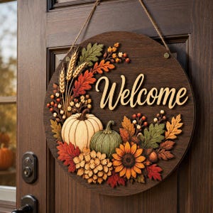 Puede incluir: Un letrero de puerta circular de madera con acabado de veta de madera marrón oscuro que presenta la palabra Welcome en letras cursivas. El letrero está decorado con elementos otoñales que incluyen una calabaza crema, una verde, trigo y girasol.