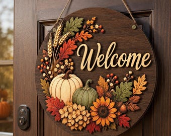 Cartello di benvenuto autunnale in legno, decorazione 3D a forma di zucca e girasole da appendere alla porta, decorazione rustica autunnale per la parete, cartello per il portico in stile fattoria per la raccolta del raccolto.