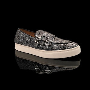 Monk sneakers in embossed leather with a stingray pattern