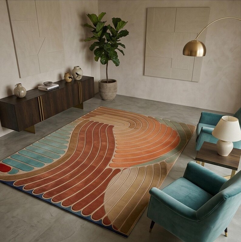 May include: A colorful area rug with a geometric design in shades of orange, brown, beige, and teal. The rug is placed in a living room setting with teal armchairs, a wooden cabinet, and a potted plant. A gold floor lamp and artwork are also visible.