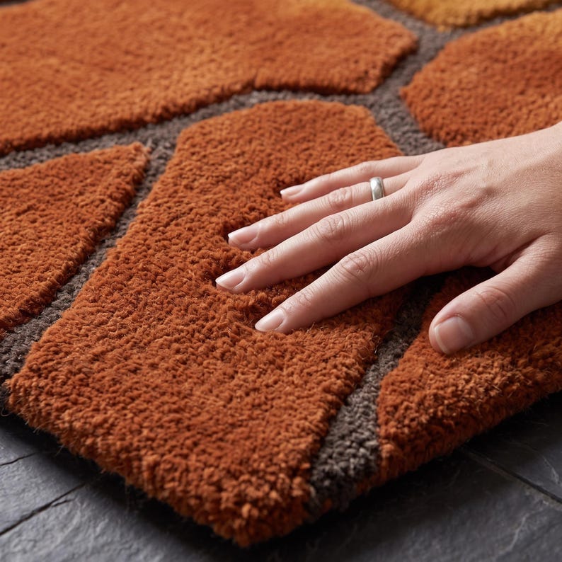 May include: A plush, tufted rug featuring a geometric pattern of irregular, stone-like shapes in shades of burnt orange and rust. The textured surface has a deep pile, with dark brown lines separating each distinct, soft, fuzzy section.