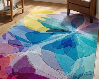 Hand Tufted Colorful Abstract Wool Area Rug – Modern Floral Handmade Carpet, gold, blue, burgundy, purple, multicolor carpet