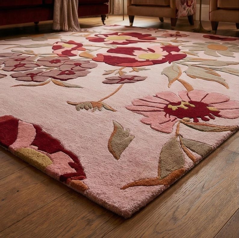 K&ouml;nnte beinhalten: Ein gro&szlig;er, rechteckiger Teppich mit floralem Design. Der Teppich hat einen hellrosa Hintergrund mit gro&szlig;en, stilisierten Blumen in Rot-, Rosa- und Braunt&ouml;nen mit gr&uuml;nen und gelben Akzenten. Der Teppich liegt auf einem Holzboden.
