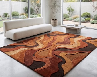 Abstract Terracotta Rug, Hand Tufted Wool Area Rug, Modern Wavy Pattern Carpet, Rust Orange Brown Geometric Rug