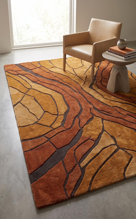 Abstract Earth Tone Rug, Hand Tufted Wool Area Rug, Modern Organic Pattern Carpet, Rust Mustard Brown Living Room Rug