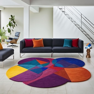 Multicolor Geometric Abstract Rug, Irregular Modern Shape Carpet in Bold Rainbow Tones, Hand-Tufted Carpet with 100% New Zealand wool