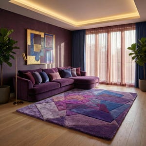 Pode incluir: Uma sala de estar luxuosa com um sofá seccional roxo escuro e almofadas combinando. Um tapete geométrico em tons de roxo, azul e rosa está sobre um piso de madeira. O quarto inclui uma pintura abstrata com moldura dourada e plantas altas em vasos.