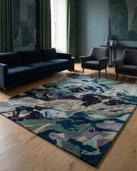 Hand Tufted Abstract Wool Rug – Blue Green Contemporary Area Rug Modern Artistic Statement Carpet