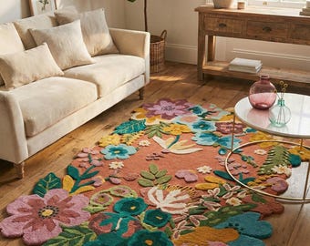 Handgetufteter Teppich aus Neuseeland-Wolle, Buntes Botanisches Design