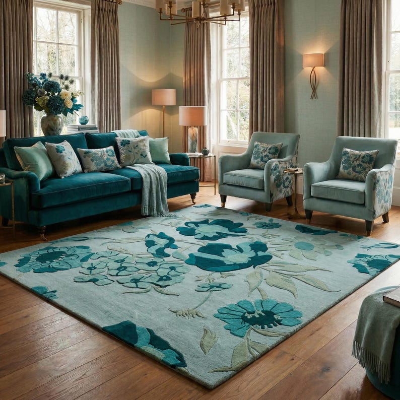 K&ouml;nnte beinhalten: Ein t&uuml;rkisfarbenes Wohnzimmer mit einem gro&szlig;en floralen Teppich. Der Teppich zeigt gro&szlig;e t&uuml;rkisfarbene und blaue Blumen auf hellblauem Hintergrund. Ein t&uuml;rkisfarbenes Sofa und zwei Sessel befinden sich im Raum, zusammen mit passenden Kissen und Vorh&auml;ngen.