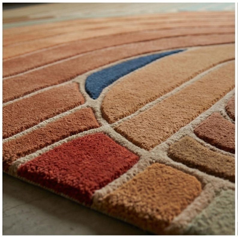 May include: Close-up of a colorful area rug with a geometric design. The rug features a pattern of rectangles and curved shapes in shades of orange, brown, red, and blue. The rug is made of a soft, textured material.