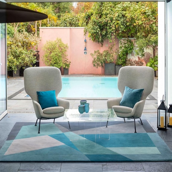 Teal and Gray Geometric Rug, Hand-Tufted New Zealand Wool