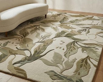 Alfombra botánica de lana tejida a mano – Diseño de hoja de olivo verde salvia esculpida en 3D