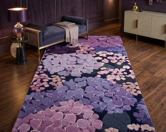 Alfombra de lana con hortensias 3D tejida a mano – Alfombra floral de pelo largo con relieve