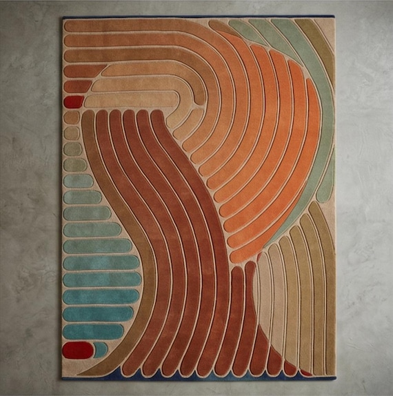 Hand-Tufted Wool Arch Rug – 70s Retro Mid-Century Geometric Design, Terracotta Sage Mustard