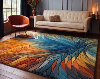 Alfombra abstracta de lana de Nueva Zelanda tejida a mano, alfombra para sala de estar en tonos naturales, alfombra orgánica, azul, dorado, óxido, salvia