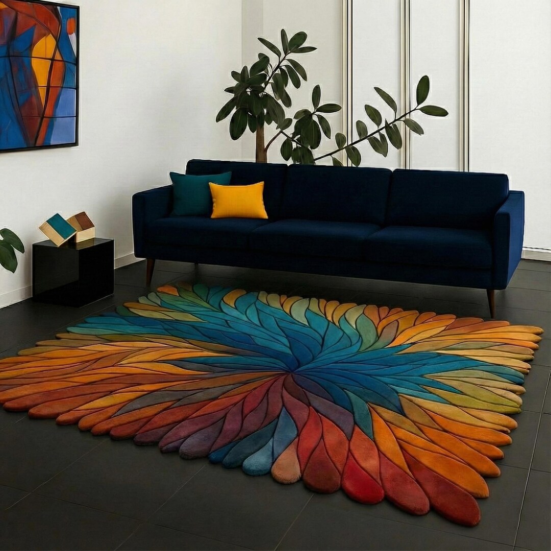 Hand Tufted New Zealand Wool Area Rug, Rainbow Sunburst Petal Design ...
