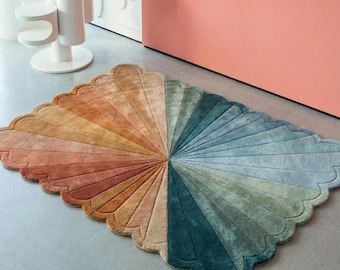 Handgetufteter Wollteppich mit gewelltem Sunburst-Muster in Mid-Century Modern