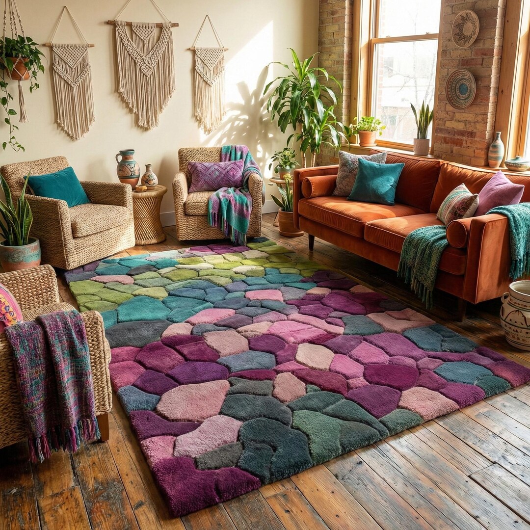 Scorched Rug Hand Tufted Wool Area Rug – Colorful Abstract Pebble Design - Etsy