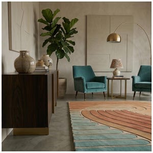 May include: An interior design scene featuring a dark wood cabinet with decorative vases, two teal armchairs, and a colorful rug with a wave pattern. A gold floor lamp and a small side table with a lamp complete the room's decor.