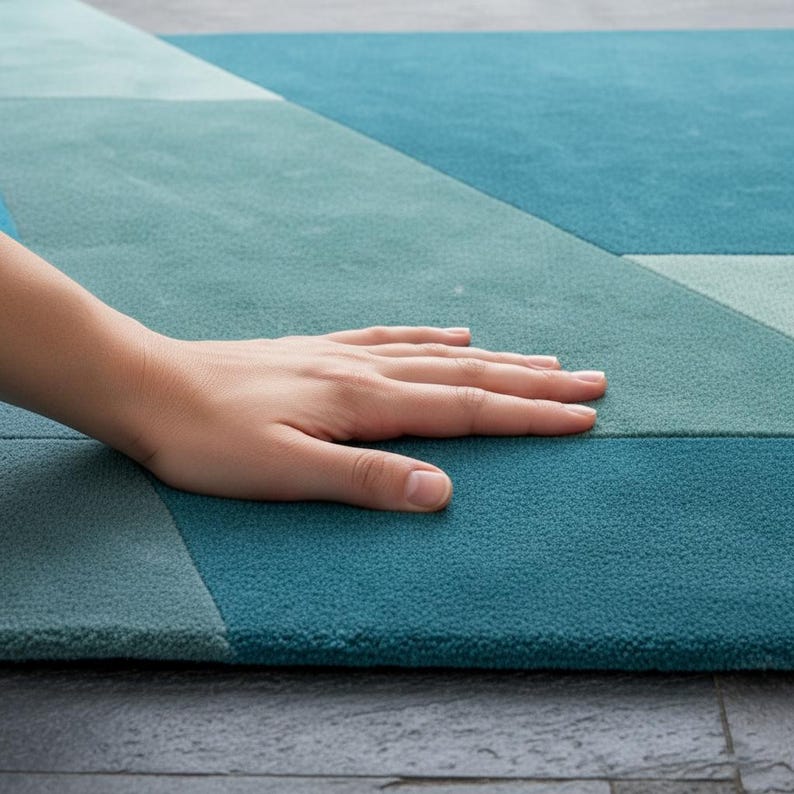 Op de afbeelding: Een close-up van een geometrisch patroon tapijt in blauw en turquoise. Het tapijt heeft een zacht, getextureerd oppervlak met verschillende tinten blauw en turquoise. Een hand rust op het tapijt, wat de textuur en kleurvariaties benadrukt.