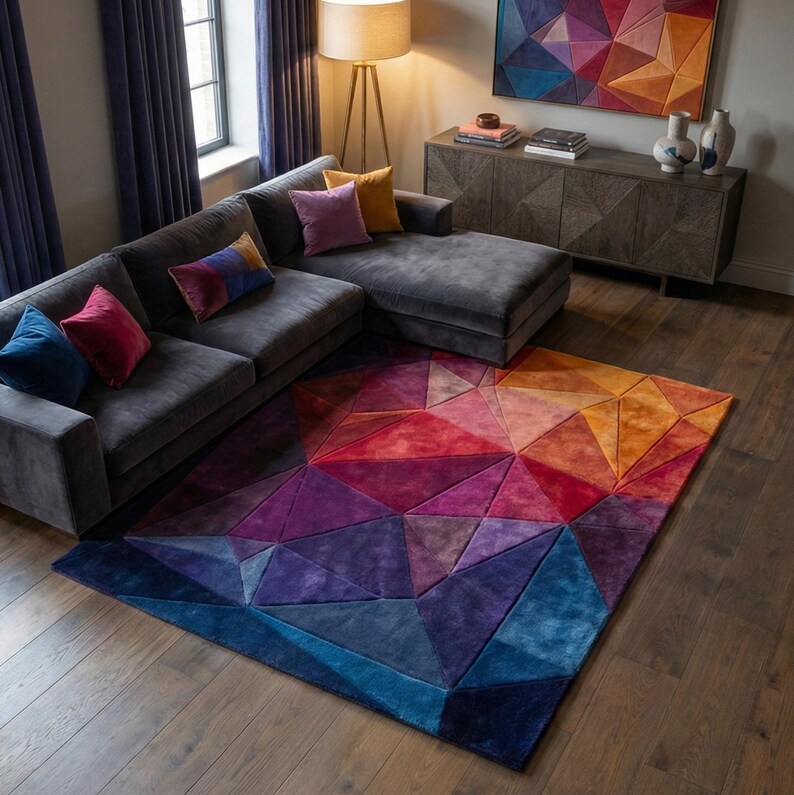 K&ouml;nnte beinhalten: Ein modernes Wohnzimmer mit einem geometrischen Teppich in Blau-, Lila-, Rot- und Oranget&ouml;nen. Der Teppich liegt vor einem grauen Ecksofa mit bunten Kissen. Ein passendes Kunstwerk h&auml;ngt an der Wand.