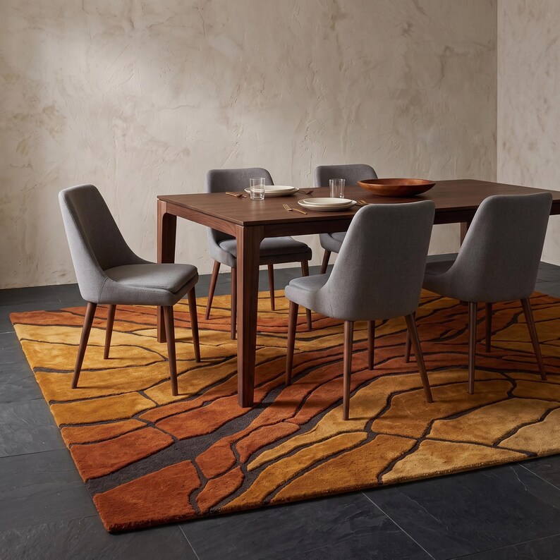 May include: A rectangular dark wood dining table with four gray upholstered chairs featuring tapered wooden legs. The table is set with white plates and clear glasses. The furniture sits on a large area rug with a textured, abstract pattern in shades of orange, yellow, and brown, placed on a dark gray stone floor.