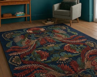 Alfombra de lana neozelandesa tejida a mano, con diseño floral azul marino