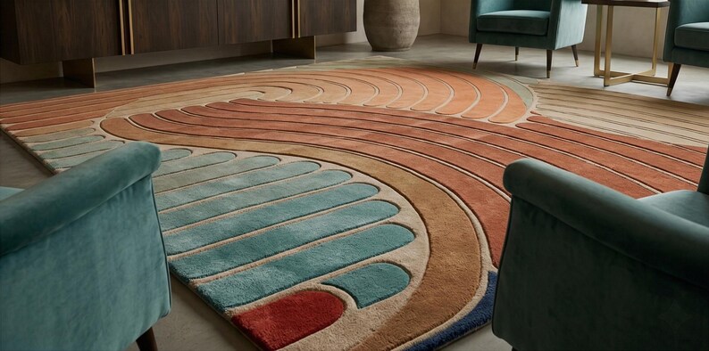 May include: A large, colorful area rug with a wave-like design. The rug features a blend of warm and cool tones, including shades of orange, brown, blue, and teal. The rug is placed on a light-colored floor, with teal armchairs in the foreground.