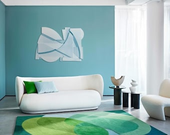 Handmade Emerald Green Geometric Wool Rug, Modern Hand Tufted Carpet