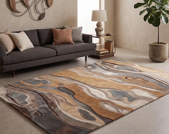 Hand tufted Abstract New Zealand Wool Area Rug, Earth Tone Living Room Rug, Organic Area Rug, Brown Beige  Black Cream