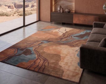 Hand Tufted Abstract Desert Landscape Rug, Earth Tone Terracotta Carpet