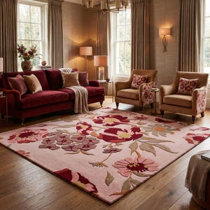 K&ouml;nnte beinhalten: Ein Wohnzimmer mit einem gro&szlig;en Teppich mit floralem Muster in Rosa, Rot und Gr&uuml;n. Ein weinrotes Sofa und zwei Sessel mit floralen Mustern erg&auml;nzen den Teppich. Der Raum hat Holzb&ouml;den und gro&szlig;e Fenster.