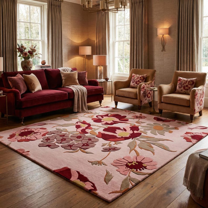 K&ouml;nnte beinhalten: Ein Wohnzimmer mit einem gro&szlig;en Teppich mit floralem Muster in Rosa, Rot und Gr&uuml;n. Ein weinrotes Sofa und zwei Sessel mit floralen Mustern erg&auml;nzen den Teppich. Der Raum hat Holzb&ouml;den und gro&szlig;e Fenster.