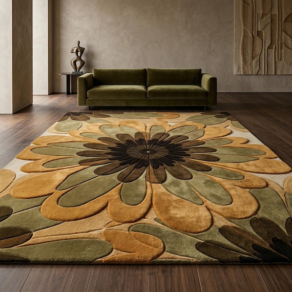 Hand-Tufted Wool Sunflower Rug – 3D Sculpted Retro Floral Carpet