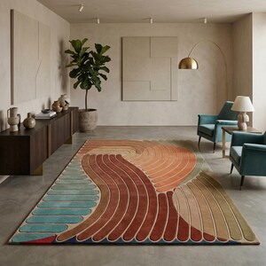 May include: A colorful area rug with a geometric design. The rug features curved lines in shades of orange, brown, blue, and green. The rug is placed in a living room setting with teal armchairs, a wooden cabinet, and a potted plant.