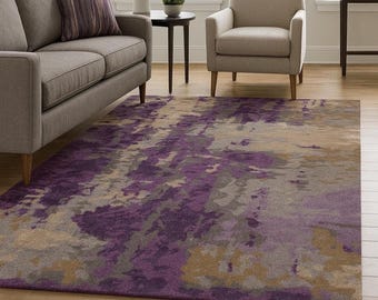 Hand-Tufted New Zealand Wool Rug, Abstract Brushstrokes, Purple Gray Taupe