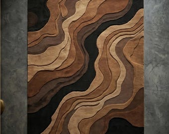 Hand tufted Abstract New Zealand Wool Area Rug, Earth Tone Living Room Rug, Organic Area Rug, Brown Beige  Black Cream