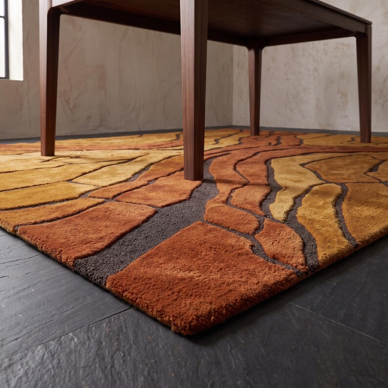 May include: A rectangular area rug featuring a textured, abstract pattern of organic, flowing shapes in shades of burnt orange, mustard yellow, and dark brown. The rug is positioned beneath the wooden legs of a table on a dark floor.