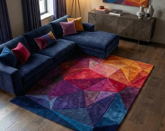 Handgetuft geometrisch wollen vloerkleed, modern abstract regenboogdriehoektapijt