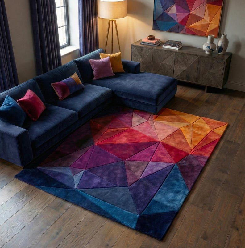 K&ouml;nnte beinhalten: Ein modernes Wohnzimmer mit einem marineblauen Ecksofa und bunten Kissen. Ein geometrischer Teppich in Blau-, Lila-, Rot- und Oranget&ouml;nen bedeckt den Boden. Ein passendes Kunstwerk an der Wand erg&auml;nzt das Design des Teppichs.
