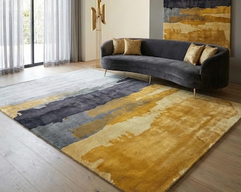 Hand Tufted Wool Rug, Modern Abstract Gold Grey Carpet, rugs for living room