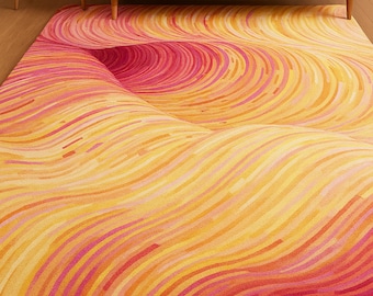 Sunset Swirl Wool Area Rug – Vibrant Wave Pattern, Modern Abstract
