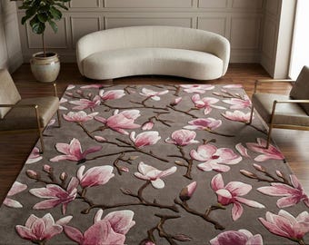 Handgetufteter Magnolien Wollteppich - 3D Skulptur in Taupe und Altrosa
