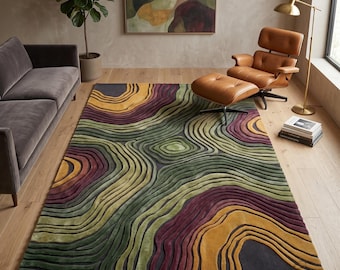 Hand-Tufted Abstract Topographical Wool Rug - Retro Earth Tone Wave Design, 3D Embossed Area Rug, Mid-Century Modern 5x8